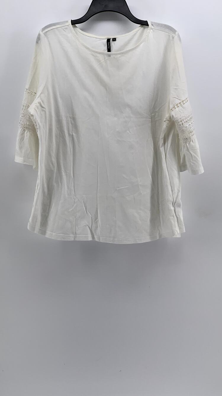 CATHY Women's White Crewneck 3/4 Embroidered Sleeve Top SZ XL